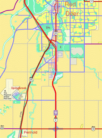 map of area between Red Deer and Penhold